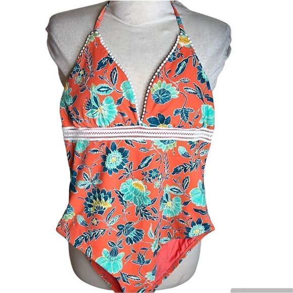Ann Taylor Loft Swim Orange Floral One Piece Swimsuit with Tassels Size 4 NWT - Picture 2 of 12
